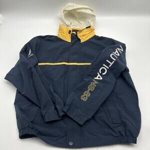 Vintage Nautica Arm Spell-out Navy Windbreaker Jacket Hooded Men’s Size LARGE